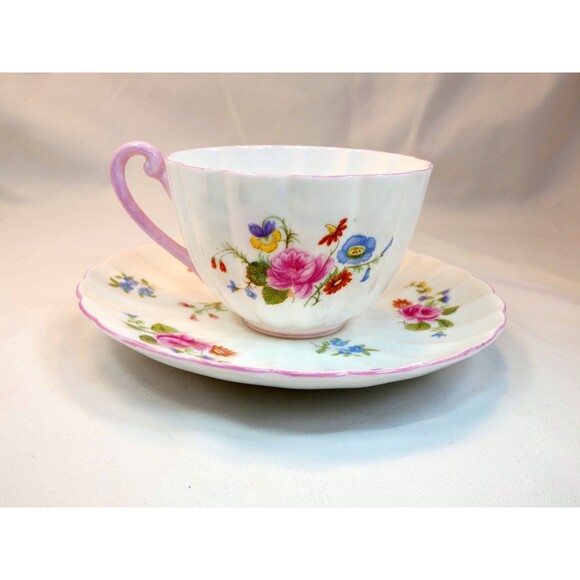 SHELLEY  Tea Cup and Saucer Ludlow Shape with Pink Roses Pink Handle - Picture 1 of 6